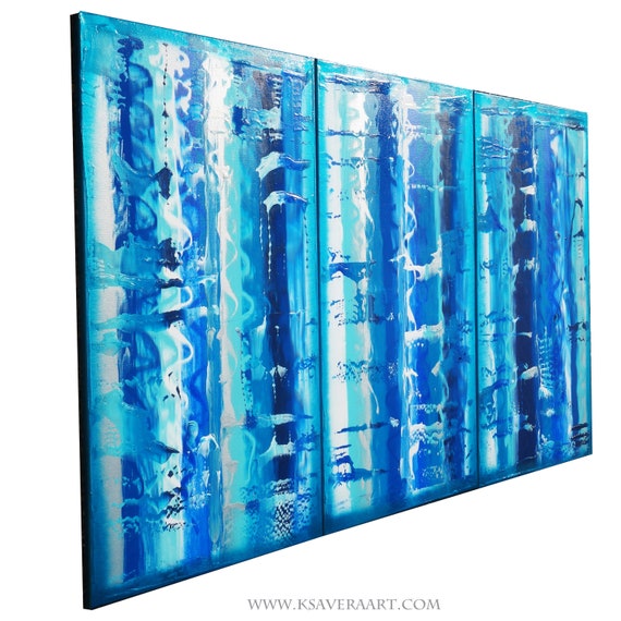 tryptych Blue Abstract Paintings A608 art for Lounge, Office, Sleeping room or above sofa by Ksavera