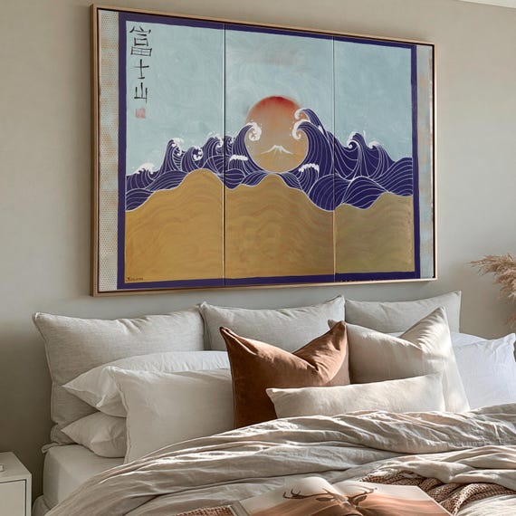 Fuji J179 - large gold triptych, original art, japanese style paintings by artist Ksavera