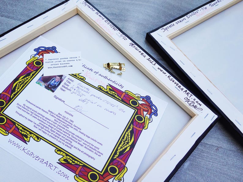 a certificate of authenticity for a painting, with a colorful frame and a gold clasp.