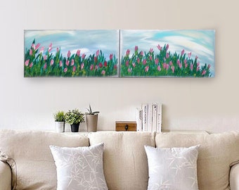 Rose Tulips - Impasto Diptych - Spring Painting - Impressionism B160 - Acrylic paintings by Ksavera