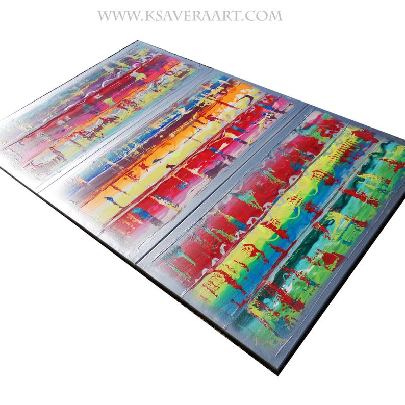 The image is a vibrant, abstract painting with bold, colorful brushstrokes and a sense of movement across the canvas.