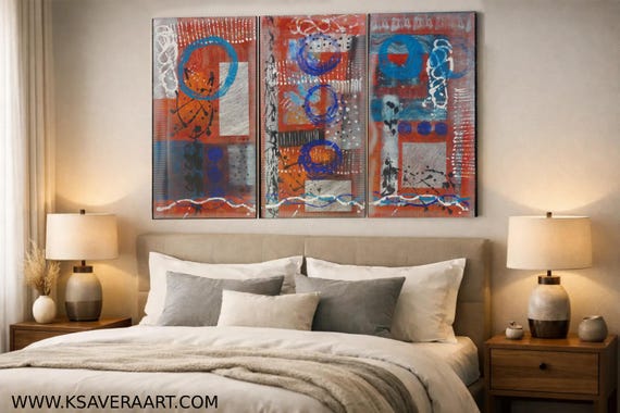 Original Abstract Canvas Set A221 Three Large Vibrant Acrylic Panels by Ksavera