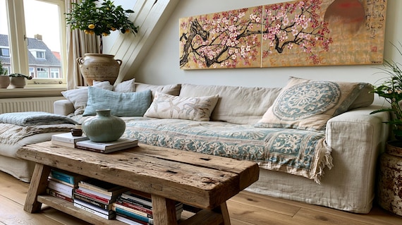 Cherry Blossom Painting J341 Japanese Inspired Gold Acrylic long Diptych by Ksavera