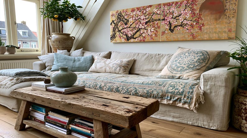 a cozy living room with a large floral painting on the wall, a comfortable sofa with pillows, a wooden coffee table, and various decorative items such as a vase, books, and potted plants.
