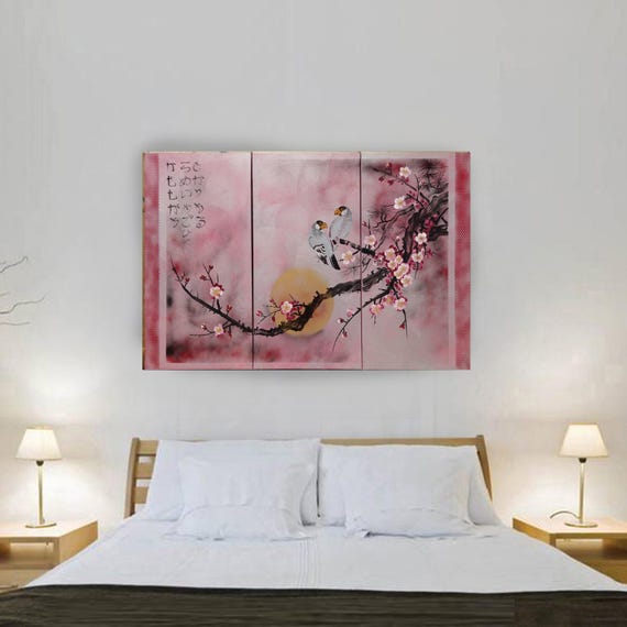 Cherry blossom and love birds - Japanese style painting J245 Large pink paintings - Japan art acrylic on stretched canvas by artist Ksavera