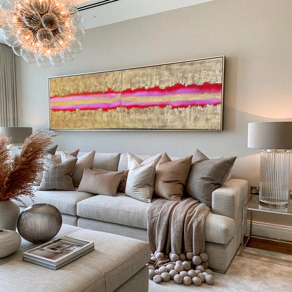 Abstract Diptych Painting A471 Gold and Magenta Acrylic on Canvas by Ksavera