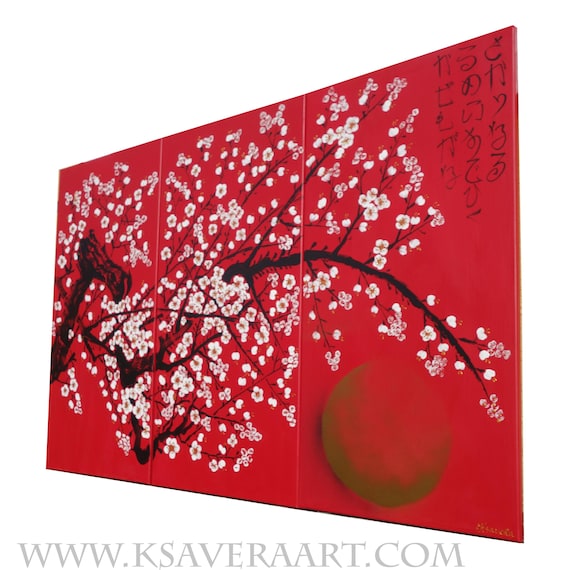 Japan art - white cherry blossoms - Japanese style painting J396 - Large original acrylic paintings - red wall art by artist Ksavera