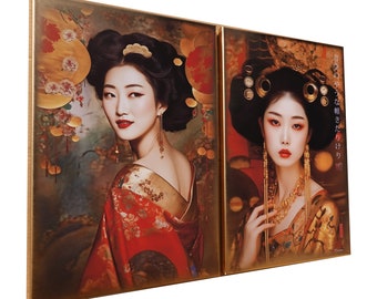 Japanese gold geisha DS0666 by artist Ksavera - set of 2 giclee prints on stretched canvas, black or gold edges. READY to HANG - diptych