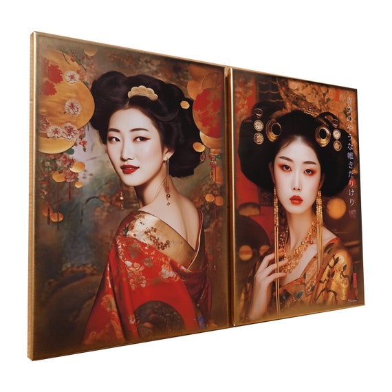 Japanese gold geisha DS0666 by artist Ksavera - set of 2 giclee prints on stretched canvas, black or gold edges. READY to HANG - diptych