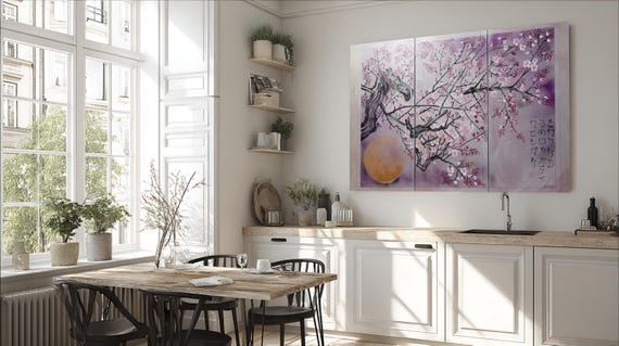 Japanese Sakura Triptych Painting J294 Silver Lilac Cherry Blossoms by Ksavera