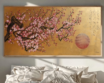 Pink Sakura J532 | Large Horizontal Gold Japanese Painting | Ksavera