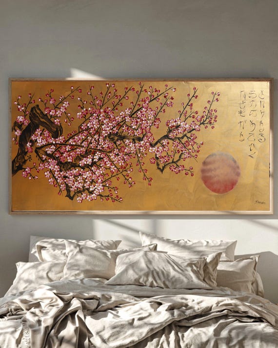 Pink Sakura J532 | Large Horizontal Gold Japanese Painting | Ksavera
