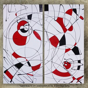 The image is an abstract painting featuring bold red and black shapes and lines on a white background.
