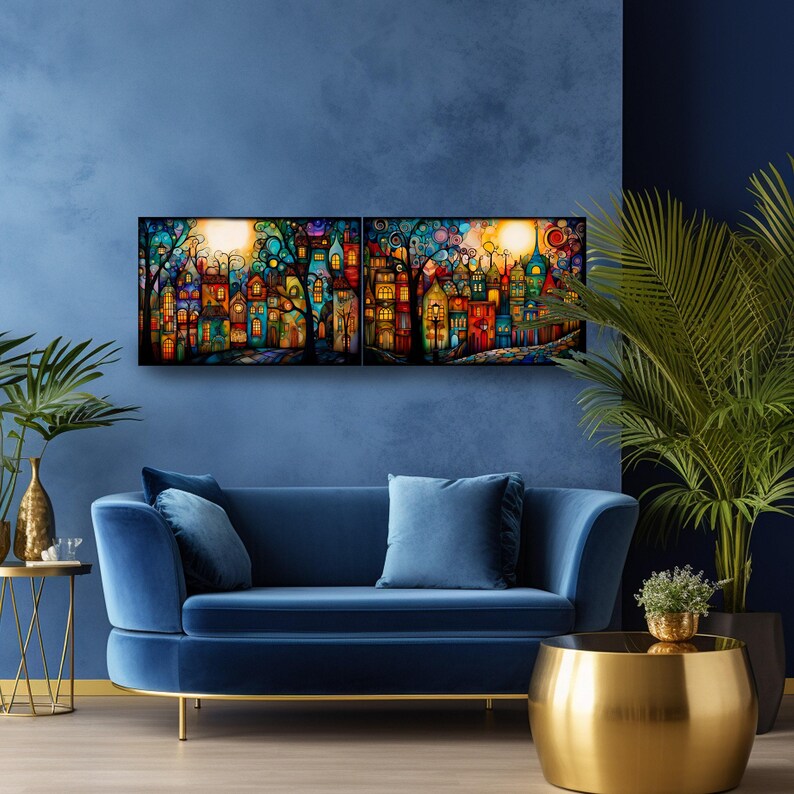 a modern living room with a blue velvet sofa, a gold round coffee table, and a large painting of a colorful cityscape on the wall.