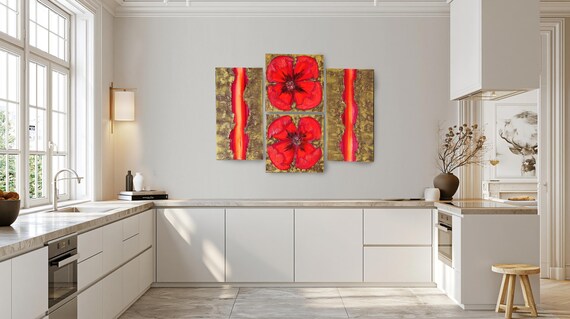 Abstract Poppies Canvas Painting A049 - Bold Gold and Red Textured Art