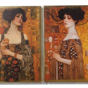 The image is a pair of paintings depicting two women in elegant dresses, with intricate patterns and designs.