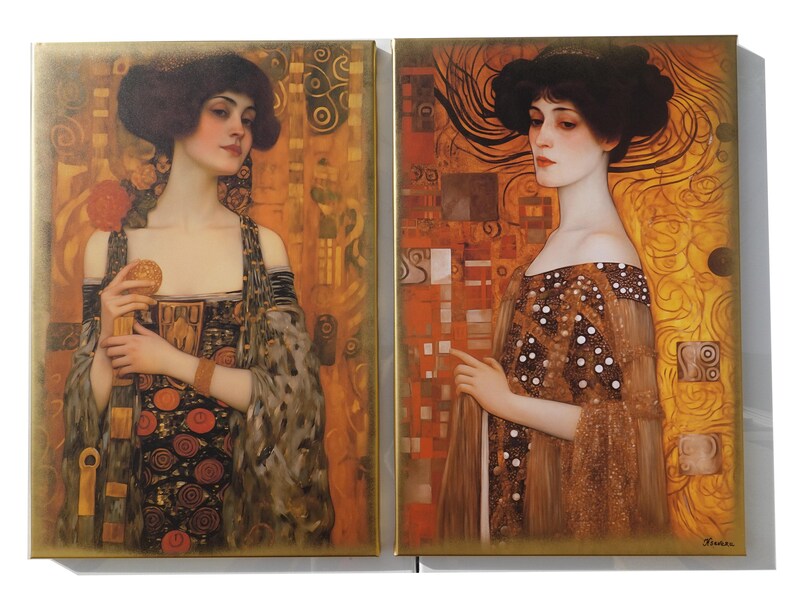 The image is a pair of paintings depicting two women in elegant dresses, with intricate patterns and designs.