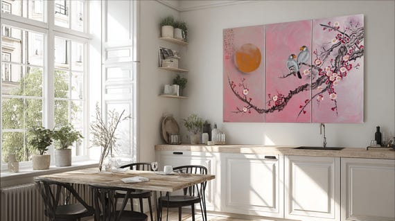 Triptych Wall Art J320 Japanese Sakura Blossoms Acrylic painting on Canvas by Ksavera