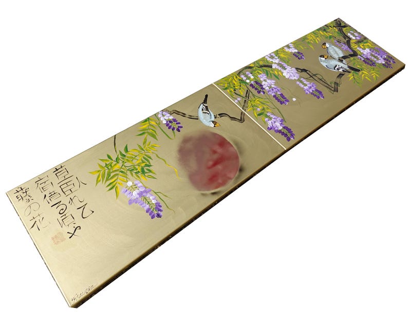 The image is a painting of birds perched on branches with purple flowers.