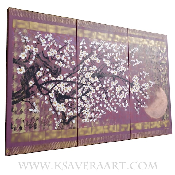 Japan art - white cherry blossoms - Japanese style painting J392 - Large original acrylic paintings - violet wall art by artist Ksavera