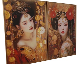 Japanese gold geisha DS0655 by artist Ksavera - set of 2 giclee prints on stretched canvas, black or gold edges. READY to HANG - diptych