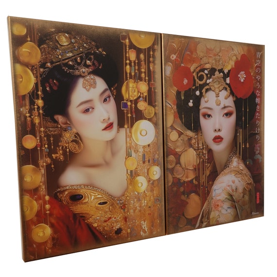 Japanese gold geisha DS0655 by artist Ksavera - set of 2 giclee prints on stretched canvas, black or gold edges. READY to HANG - diptych