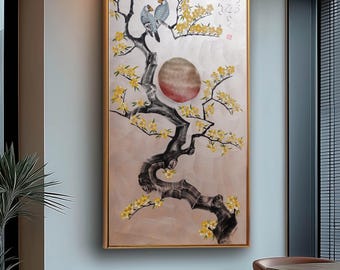 Japanese Love Birds Painting: Cherry Blossoms, Large Acrylic Canvas J507, Ksavera