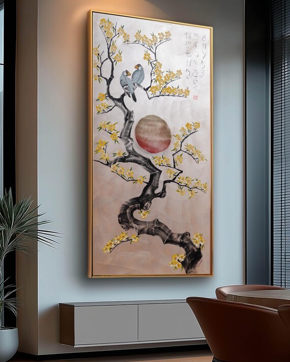 Japanese Love Birds Painting: Cherry Blossoms, Large Acrylic Canvas J507, Ksavera