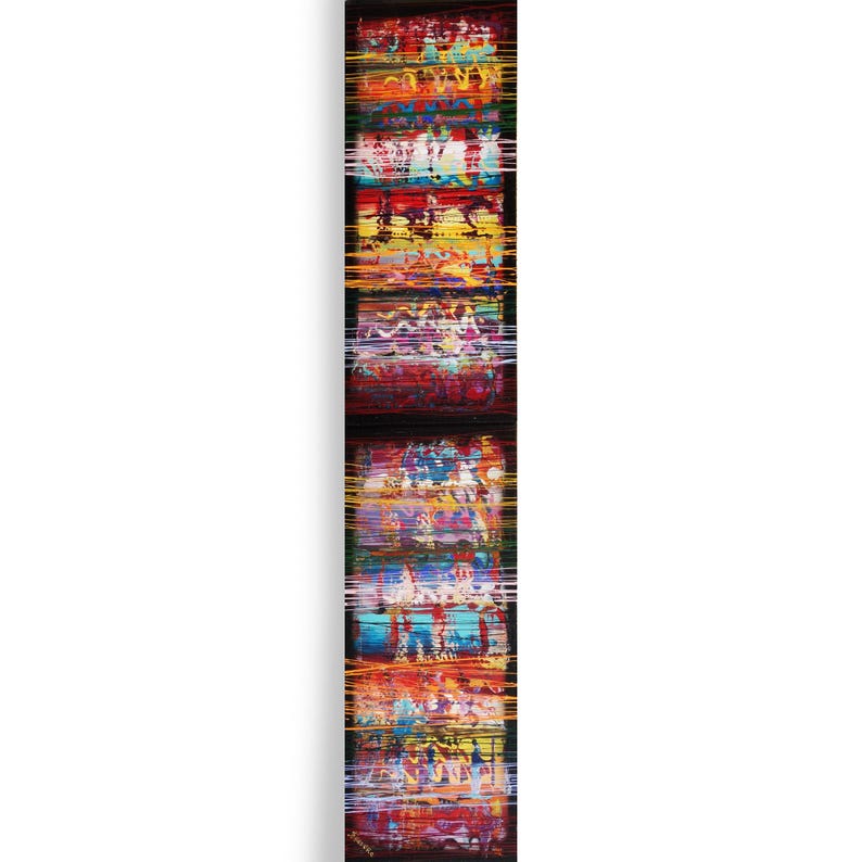 The image is a vertical, colorful abstract artwork composed of various patterns and designs in a variety of bright colors.