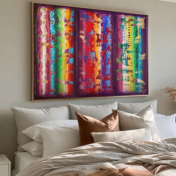 Rainbow purple triptych - abstract paintings A832- acrylic paintings by artist Ksavera