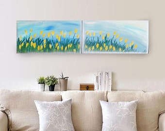 Yellow Tulips - Impasto Diptych - Spring Painting - Impressionism B164 - Acrylic paintings by Ksavera