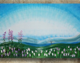 Alaska spring painting Large wall art on canvas "Spring 42" white tulips sakura cherry blossom meadow blue green landscape by Ksavera