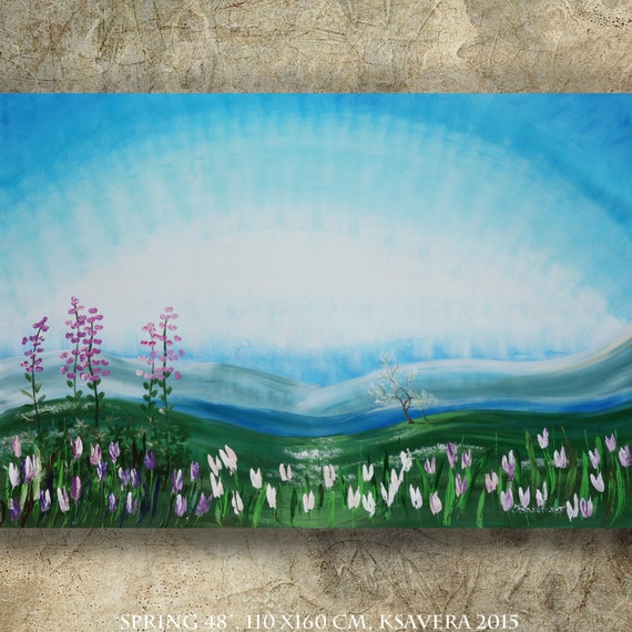 Alaska spring painting Large wall art on canvas "Spring 42" white tulips sakura cherry blossom meadow blue green landscape by Ksavera