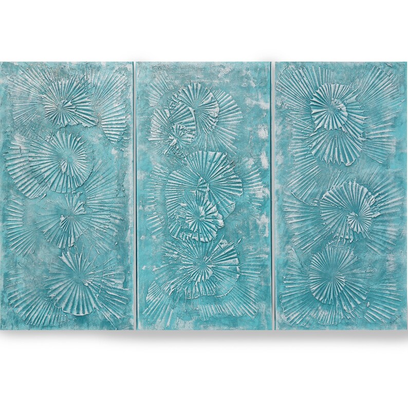 The image is a triptych of three panels, each featuring a blue and white textured background with a repeating pattern of overlapping fan-like shapes.