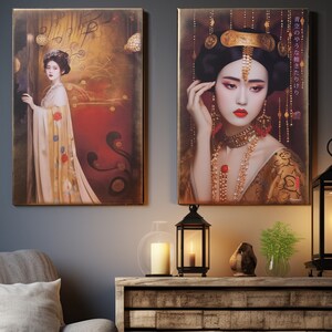 May include: Two framed canvas prints featuring portraits of women in traditional Asian attire. The woman on the left is wearing a gold and red robe with intricate patterns. The woman on the right is wearing a gold and black robe with a crown and elaborate jewelry. The text on the right print reads "音のない歌を聴きたがり".