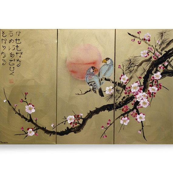 Japan art - cherry blossom and love birds - Japanese style painting J195 - Large acrylic paintings - gold wall art by artist Ksavera