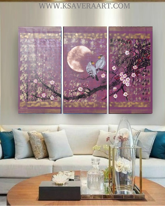 Japanese Triptych J442 purple Canvas, Birds and Cherry Blossoms by Ksavera