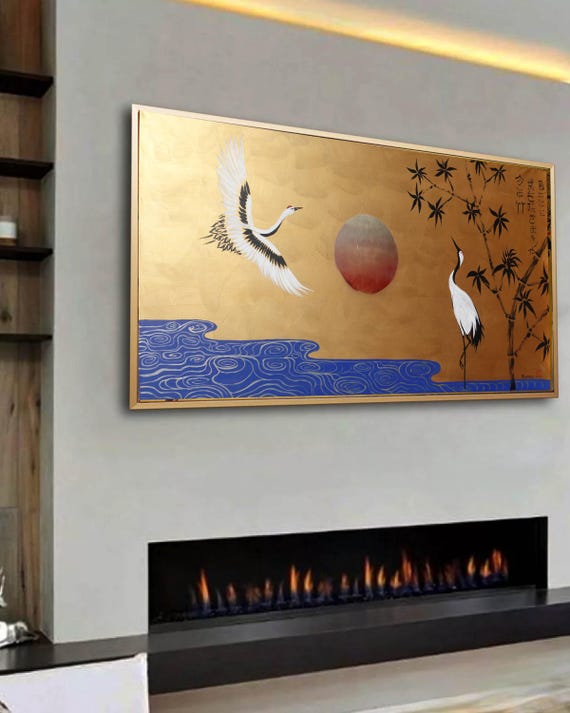Cranes and bamboo J491 — gold Japanese original Painting | Large Horizontal Canvas | Ksavera