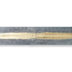 The image is a two-panel artwork with a horizontal line running through the center. The left panel has a darker gray color, while the right panel has a lighter gold color.