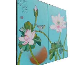 Japanese lotus and bird J338 - turquoise diptych, original art, japanese style paintings by artist Ksavera