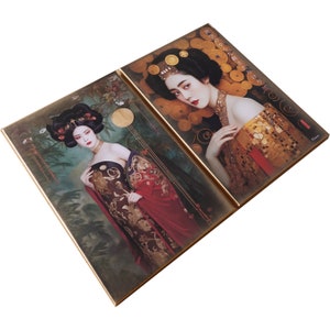 Japanese gold geisha DS0665 by artist Ksavera set of 2 giclee prints on stretched canvas, black or gold edges. READY to HANG diptych image 4