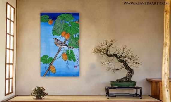 Catbird on the branch Japan Hieroglyph original artwork in japanese style J105 ready to hang acrylic painting wall art by artist Ksavera