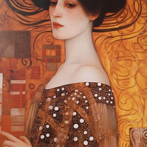 The image is a portrait of a woman with a pensive expression, wearing an ornate dress with a pattern of white dots.