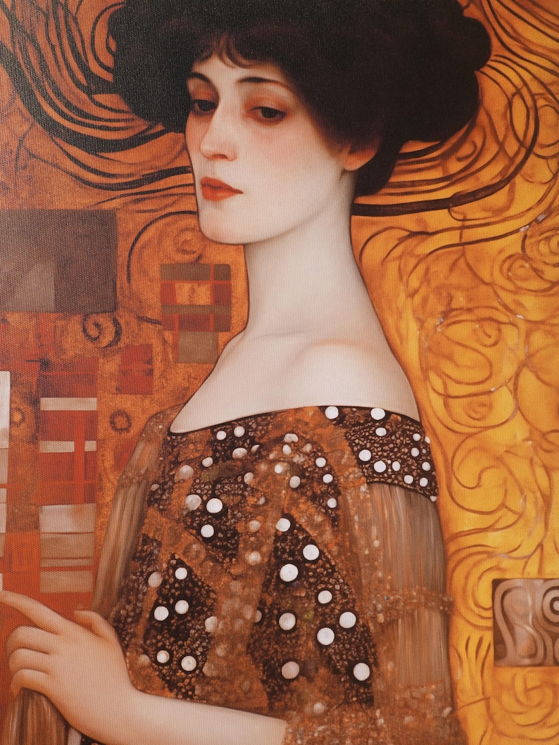 The image is a portrait of a woman with a pensive expression, wearing an ornate dress with a pattern of white dots.