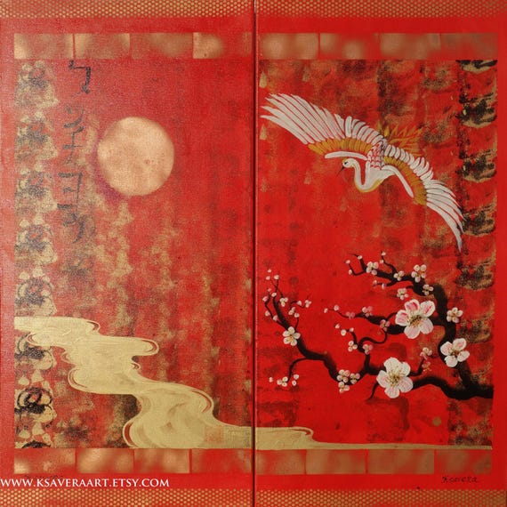 Japanese crane sun Japan Hieroglyph red original artwork in japanese style J120 japonism wall art by artist Ksavera