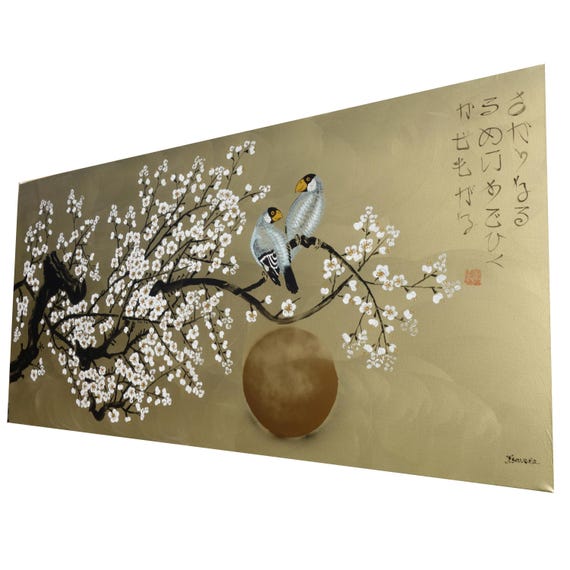 Japanese birds J397 by artist Ksavera - gold extra large original acrylic painting on unstretched canvas 100x210cm