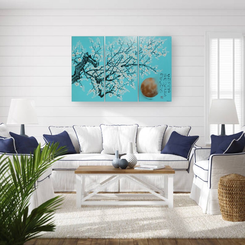 Japanese Sakura J306 cherry blossom triptych large original acrylic painting in turquoise by the artist Ksavera. image 6