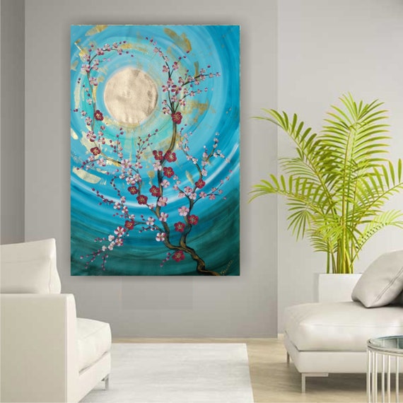 large blue painting Cherry blossom sun Zen japanese style 110x160 cm unstretched canvas  J096 Japan art original artwork by artist Ksavera