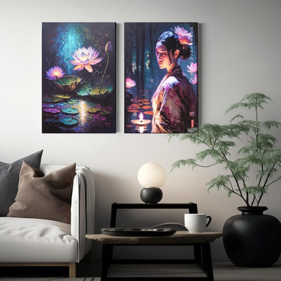 Japanese Gold Geisha Diptych DS0247 Limited Edition Canvas Wall Art Set by Ksavera