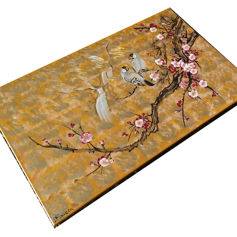 The image is a painting depicting two birds perched on a branch with pink flowers.